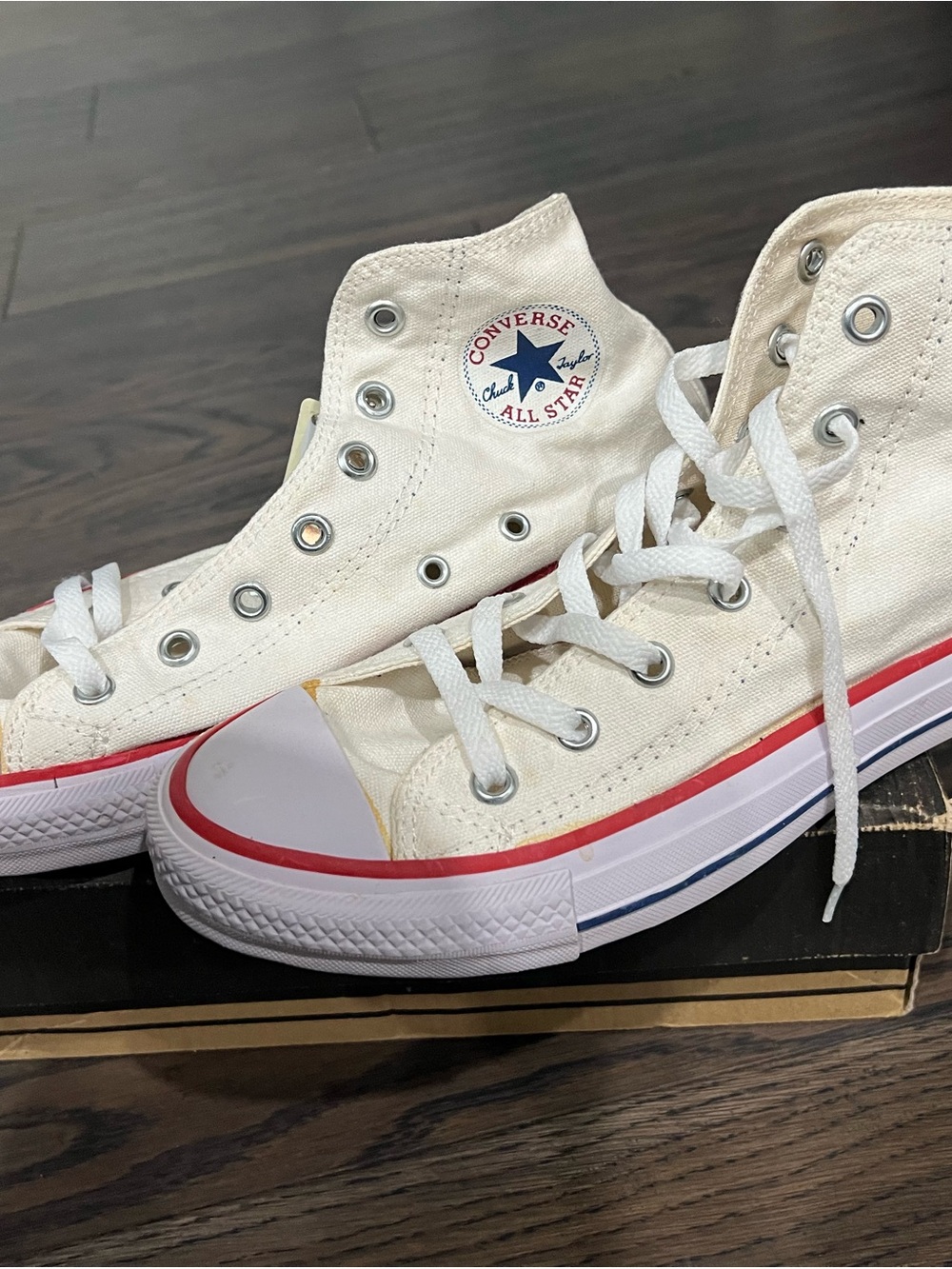 Converse High Top Sneakers - Cream with Red and Blue Trim